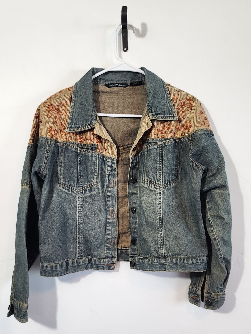 Embroidered Yoke Blue Denim Jacket with Tan Accents